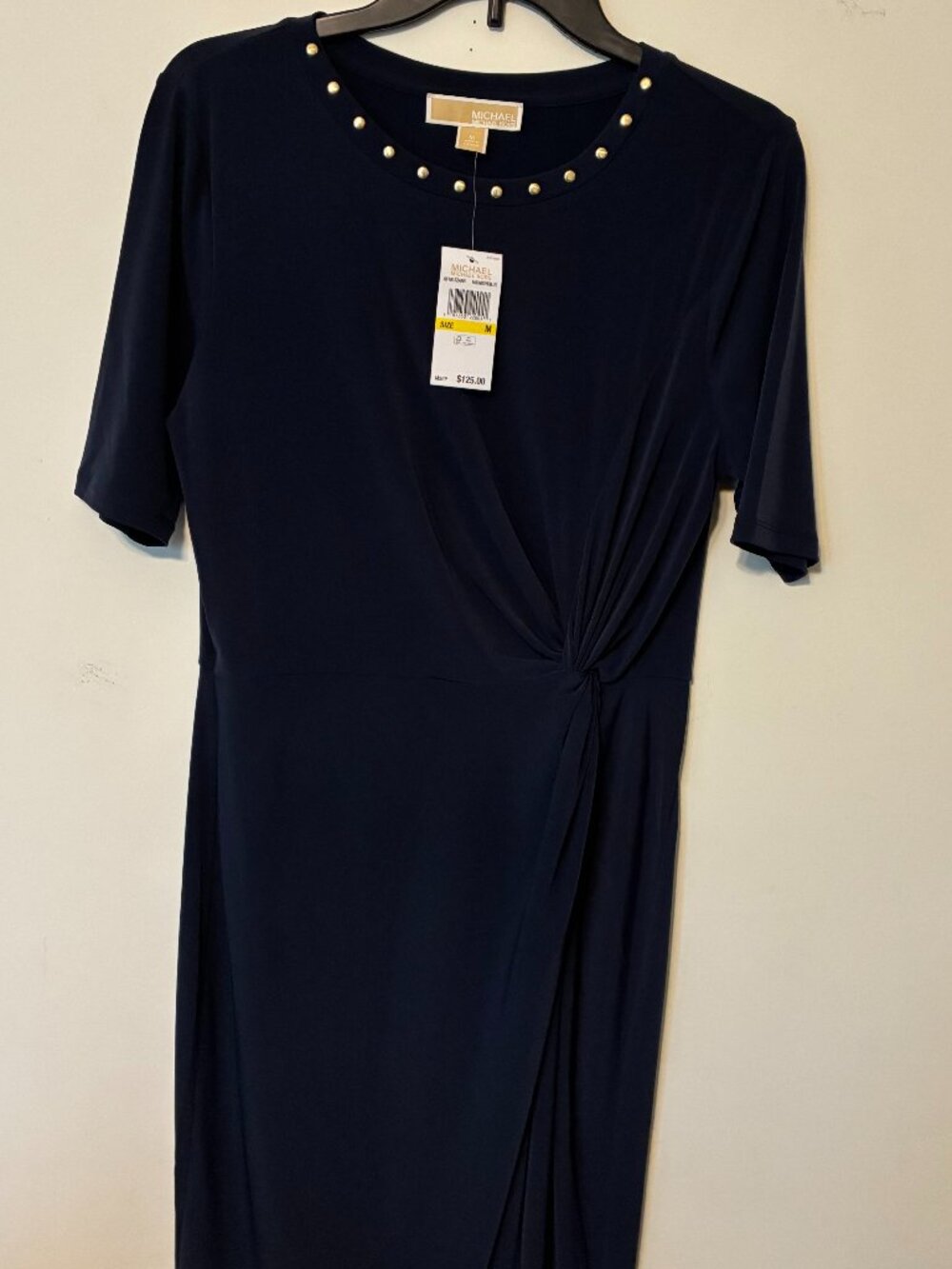 NWT! MICHAEL KORS Navy Short Sleeve Studded Scoop Neck Side Twist Dress Sz M